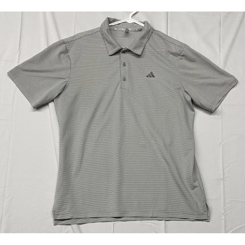 Adidas Golf Polo Shirt Men L Gray Striped Stretch Quick Dry Athletic Performance